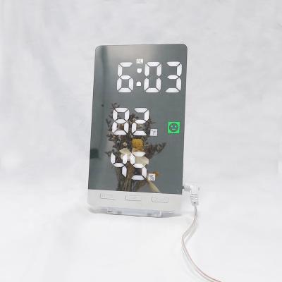 China Antique Style Thermometer Hygrometer LED Mirror Alarm Table Indoor Wall Clock for sale