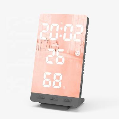 China Antique Style Digital Thermometer Hygrometer LED Mirror Alarm Table Indoor Wall Clock for sale