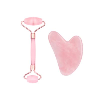 China Face Healthcare Massage Custom Logo High Quality Natural Rose Quartz Crystal Jade Roller And Gua Sha Set Face Massage Tool for sale