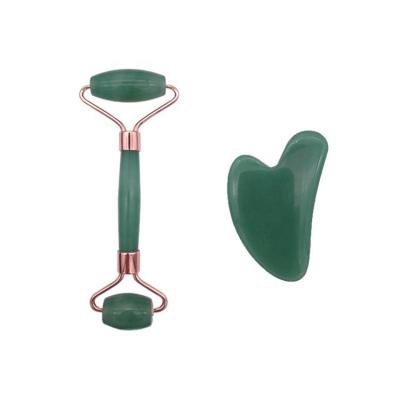 China Face Lift Custom Logo Natural High Quality Dark Green Aventurine Gemstone Jade Roller And Gua Sha Board Set for sale