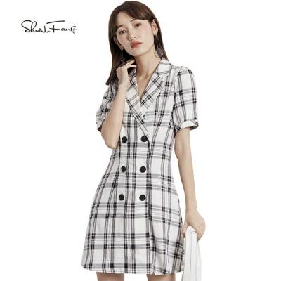 China Shunvfang Anti-Static 2021 Hot Selling Simple Elegant V-Neck Geometric Women Dress Career Office Dresses For Lady for sale