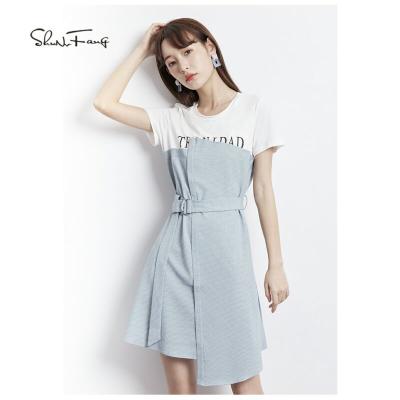 China Shunvfang Anti-Static 2021 OEM Fashion Elegant Woman O-neck Casual Dress Short Sleeve Plaid Shirt Top Women Dresses With Sashes For Ladies for sale