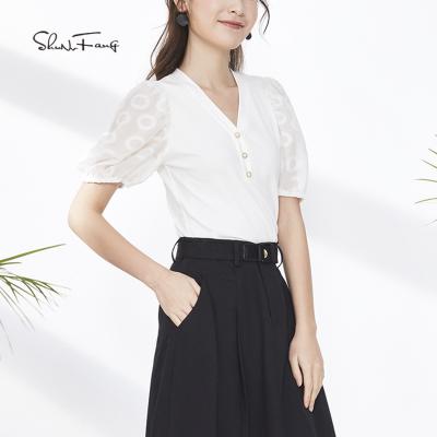 China Anti-wrinkle women casual tops lace up loose elegant hot sale women shirts pullover chic v-neck puff tops sleeveless chiffon blouse blouses shirts for sale