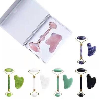 China Jade Roller Skin Care Jade Stone Rose Quartz Face Massager Jade Roller Gua Sha Facial Regimen Set for sale