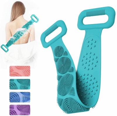 China 2021 Wholesale Long Handle Wash Towel Scrub Shower Silicone Body Brush, Bath Belt Exfoliating Silicone Bath Brush for sale