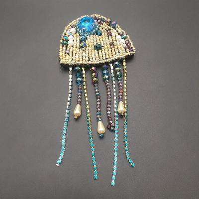 China Handmade Rhinestone Bead Jellyfish Sew On Applique Apparel Embroidery Ocean Beaded Badge Patches For Jackets for sale