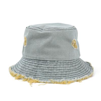 China Wholesale Two Brim Washed Worn Fringed Color Fringed Washed Outlet Jean Design Cool Denim Bucket Worn Hat For Men Women Summer Sun Unisex Shade for sale