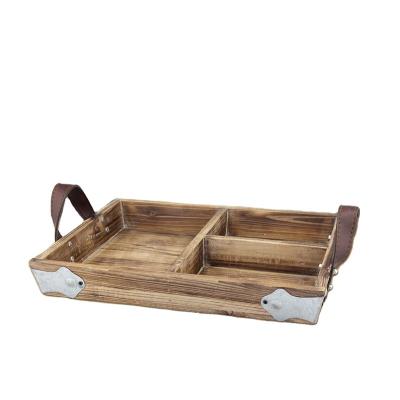 China Rustic Bandejas De Desayunos Rustic Stand Non Slip Compartments Design Round Metal Handles Tray For Food Serving Display Wooden Snacks for sale