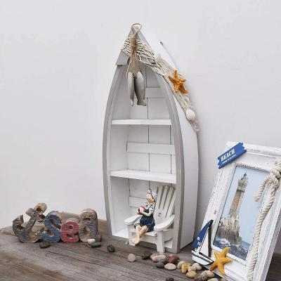 China Europe Small Sailboat Wooden Boat Shelf Ornaments Beach Coastal White Nautical Theme Decor for Home Bathroom or Bedroom for sale