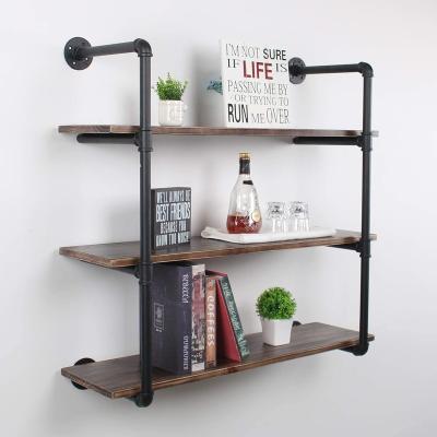 China Rustic Floating Industrial Mounted Pipe Hung Display Book Metal Storage 3 Tier Racks Wooden Wall Shelf for sale