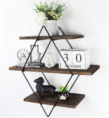 China Storage 3 Tier Diamond Shape Retro Brown Rustic Wood and Metal Style Decor Shelf Geometric Living Room Bedroom Bathroom Kitchen Desk for sale