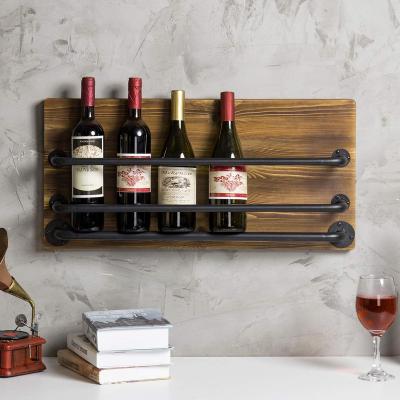 China Industrial Rustic Wooden Display Bar 3 Bottles Wine Rack Metal Hanging Table Inspired By Pipe High Quality Wall Mounted Viable for sale