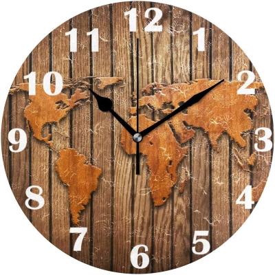 China 10 Inch Antique Style Relojes Non Ticking De Madera Para Quartz Pared Luxury World Map Home Silent Movement Fantasy Wall Clock New For Home for sale