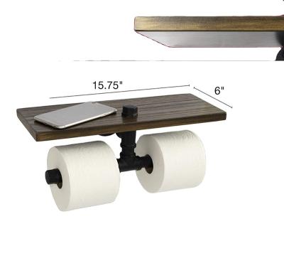 China Rustic Decorative Industrial Style Wooden Pipe Wall Mounted Toilet Paper Holder With Shelf For Home Hotel for sale