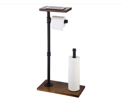 China Freestanding Storage Rustic Black Wooden Shelf Reservation Pipe Floor Industrial Toilet Paper Holder for sale