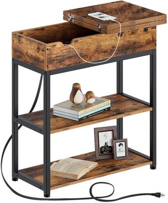 China Unique Rustic Living Room Convertible Flip Top Sofa Side Table Industrial Narrow Wood and Metal Organizer Shelves 2-Tier with Power Outlet for sale