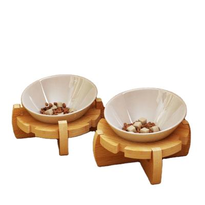 China Sustainable Wholesale Ceramic Pet Bowls Double Bamboo Stand Pet Bowls For Dogs And Cats for sale