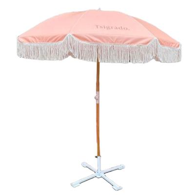 China Beach Umbrella Custom Design Real Wooden Foldable Sun Pole Umbrella Outdoor Beach Umbrella With Tassels for sale