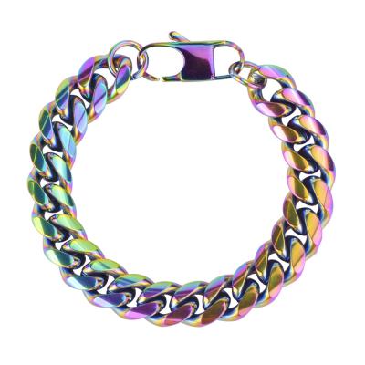 China Hiphop Hip Hop Men's Jewelry 12mm Rainbow Plating Stainless Steel Chunky Restriction Necklace Dance Cuban Bracelet for sale