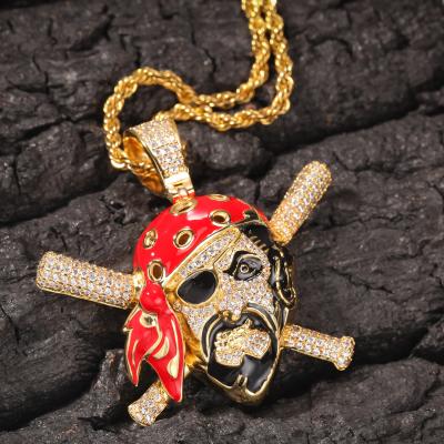 China Multi Color Zircon Copper Hiphop Skull Necklace Skull Diamond Necklace Men Hiphop Pirate Pendant Chain for sale