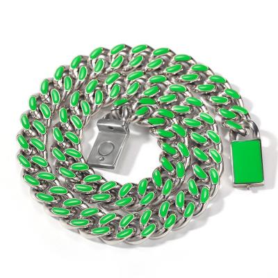 China Stainless Steel Rapper Jewelry Men's Hiphop Stainless Steel Enamel Miami Cuban Link Green Chain Necklace 12MM Wide for sale