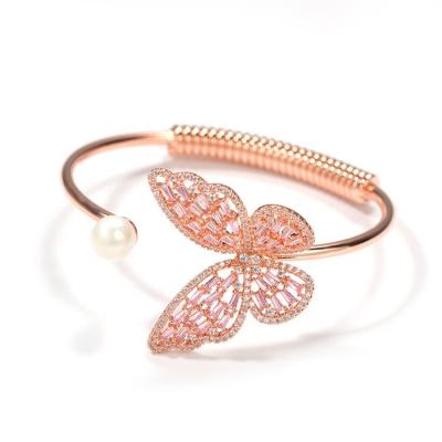 China Pink Trendy Open Butterfly Jewelry Bling Bling Bead Hiphop Women Adjustable Wire Spring Bangle Bracelet for sale