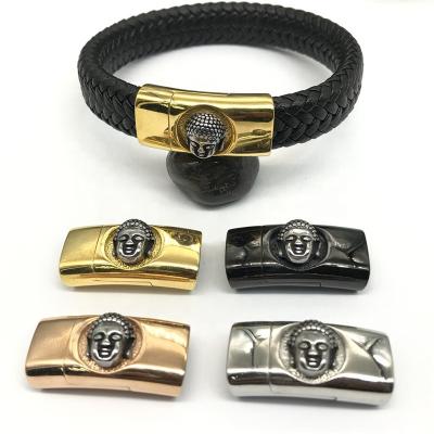 China Punk Braided Genuine Leather Stainless Steel Buckle Buddha Bracelet Men Custom Jewelry for sale