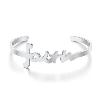 China CLASSIC Simple Design Stainless Steel Initial Letter Inspired Jewelry Fashion Bangle Message Quote Faith Bracelet for sale