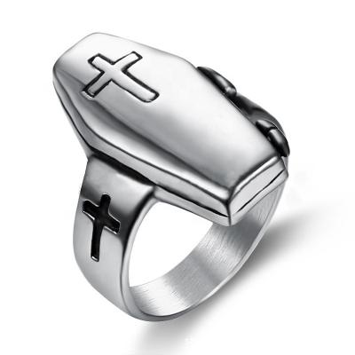 China Custom Gothic Retro Vintage Biker Jewelry Wholesale Casting Stainless Steel Coffin Ring For Man for sale