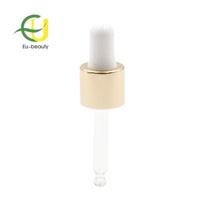 China Non Spill 18/410 Gold Glossy Glass Dropper Aluminum Collar Glass Dropper for sale