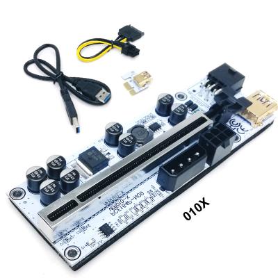 China Metal slot 010X dual 6 pin riser molex 4 pin interface adapter riser card with 8 capacitors 6 led PCI-E 1X to ver010X metal slot 16X for sale