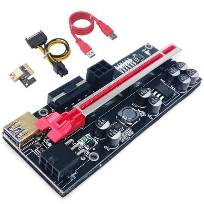 China PC 010s Plus Riser Card Dual 6 Pins With Led Molex 4 Pin 3 Inferfaces 8 Capacitors 6 Lights Gold USB 3.0 Extender Riser Card for sale