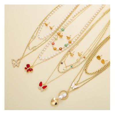 China New Romantic Arrive Girl's 40cm 45cm 50cm Multi Brass Pendant Link Chain Butterfly Necklace Layer Colorful Flower Necklace With Charming ea for sale