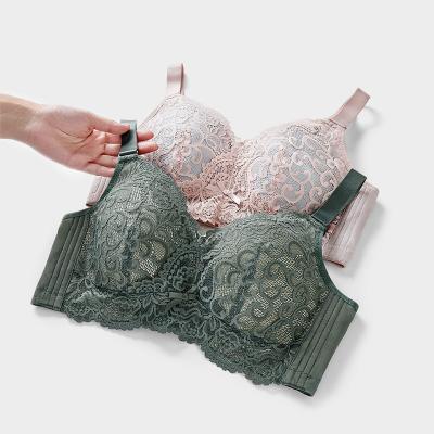 China Breathable Embroidery Lace Push Up Plus Size Underwear Women Comfortable Wireless Lingerie Large Full Cup Bra for sale