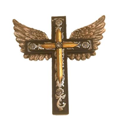 China Home Golden Cross Decoration Figurine Decor Wall Europe Wing Cross Statue for sale