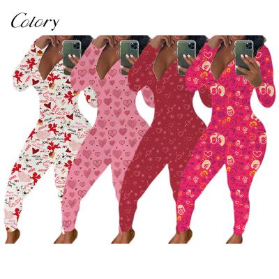 China 2021 fashion love print stretch QUICK DRY pajamas for women adult valentines day Onesie for sale