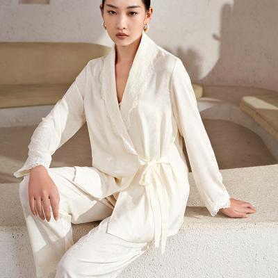 China Breathable Elegant White Nightgown Robe Sets Silk Pajamas For Women Bathrobes Lace Up Casual Home Pajamas Set Woman 2 Pieces Nightgowns for sale