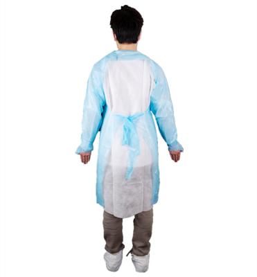 China Vestido de aislamiento CPE desechable para uso médico CPE con puños de cuello y pulgar en estilo del delantal en venta