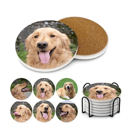 China Viable Golden Retriever Coaster Cork Absorb Drink Dog Custom Coasters Set Round Ceramic Rack Holder Set Empty Ceramic Coasters for sale