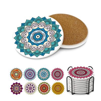 China Custom Made Coasters Set Mandala Round Ceramic Coaster Cork Viable Drink Absorbent Dog Back Stand Holder Set Empty Ceramic Coasters for sale