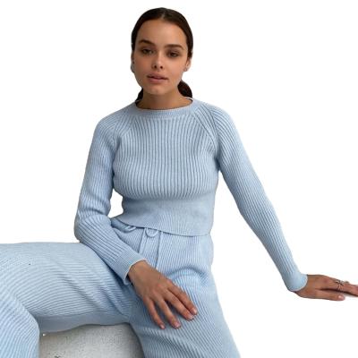 China Breathable Solid Color Long Sleeve Crop Sweaters Pants 2 Pieces Knit Women Sets Two Pieces Neck Set Casual Clothes O for sale