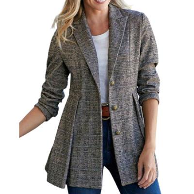 China Women Spring Autumn Shawl Lapel Breathable Neck Check Plaid Ruffle Edge Button Pocket Work Office Blazer Jacket Formal Elegant Formal Urban Suit for sale