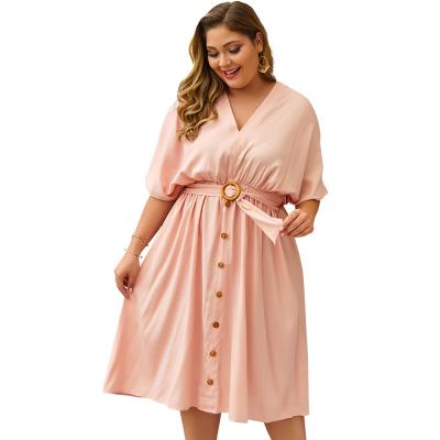 China Sustainable Spring And Summer Plus Size Women's Clothing In Europe And America V Collar Solid Color Mid-sleeve Dress New for sale