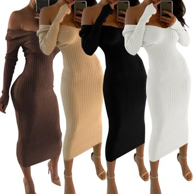 China Women's Anti-wrinkle V-neck Stretch Sweater Dress Solid Color Deep Casual Corset Dress Long Sleeve Tight Dress Plus Size Strapless Sweater for sale