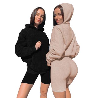 China 2021 Autumn QUICK DRY Casual Long Sleeve Hooded Hooded Two Piece Suit Solid Color Sports Sets And Short Suit Sports Set for sale