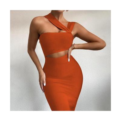 China Breathable Hollow Out Solid Color Asymmetrical Bodycon Dresses Women Party Evening One Shoulder Bodycon Plus Size Dress for sale