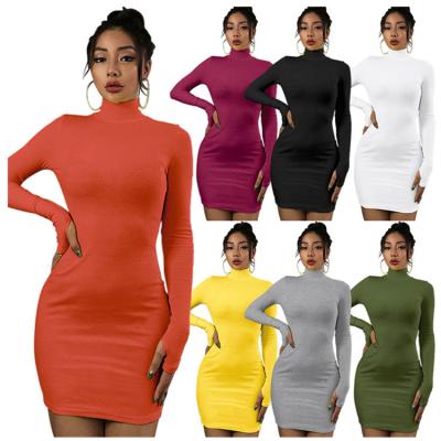 China Wholesale Breathable Autumn Clothing Women Turtleneck Bodycon Mini Dress Solid Color Sleeve Long Dress for sale