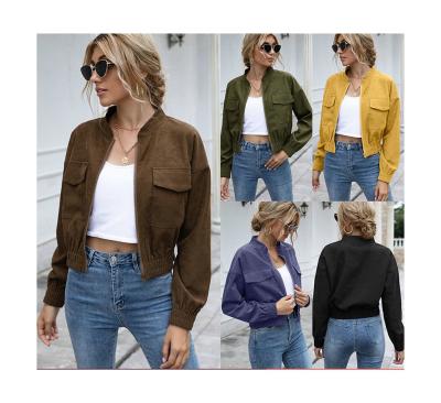 China Autumn And Spring Corduroy Waterproof Custom Women Long Sleeves Front Flat Pocket Coat Solid Cropped Jacket for sale