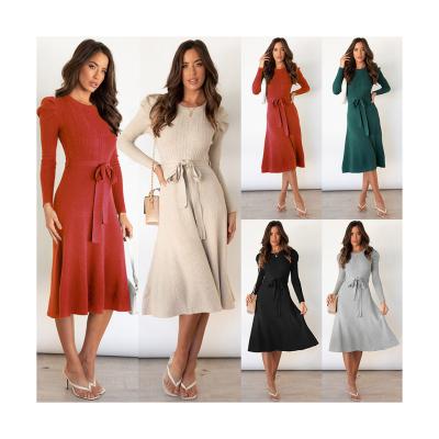 China Breathable Europe And USA O-neck Long Sleeve Casual Strapped Solid Midi Dress Women Dress for sale