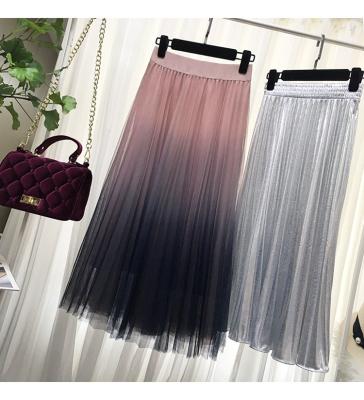 China New Elegant Women High Waist Skirt Korean Anti-static Gradient Tulle Long Pleated A-line Skirt for sale